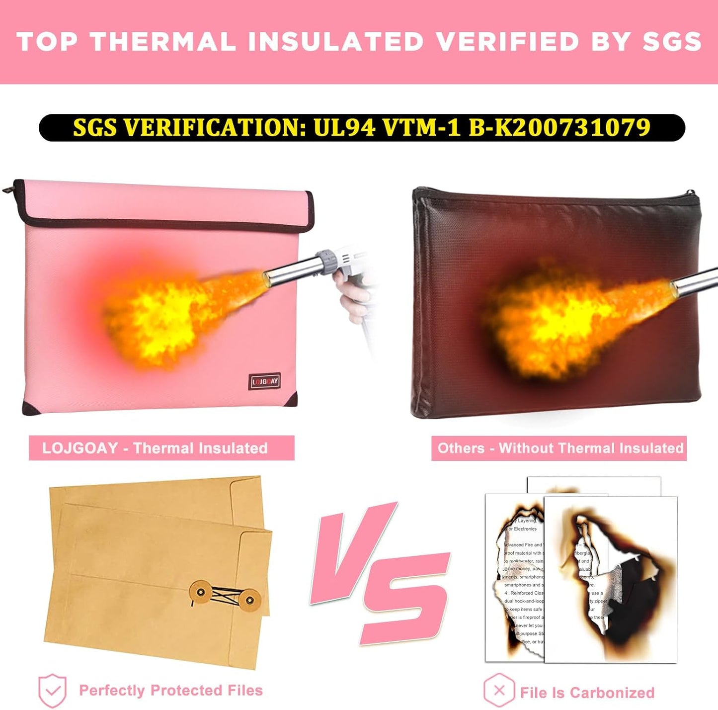 Fireproof Bag with 5200℉ Thermal Insulated, Waterproof Fireproof document bag with Zipper, Fireproof Money Bag for Cash, Fireproof Safe Bags for Home Safe Bank Valuable Documents (Pink, 11"x7.7")