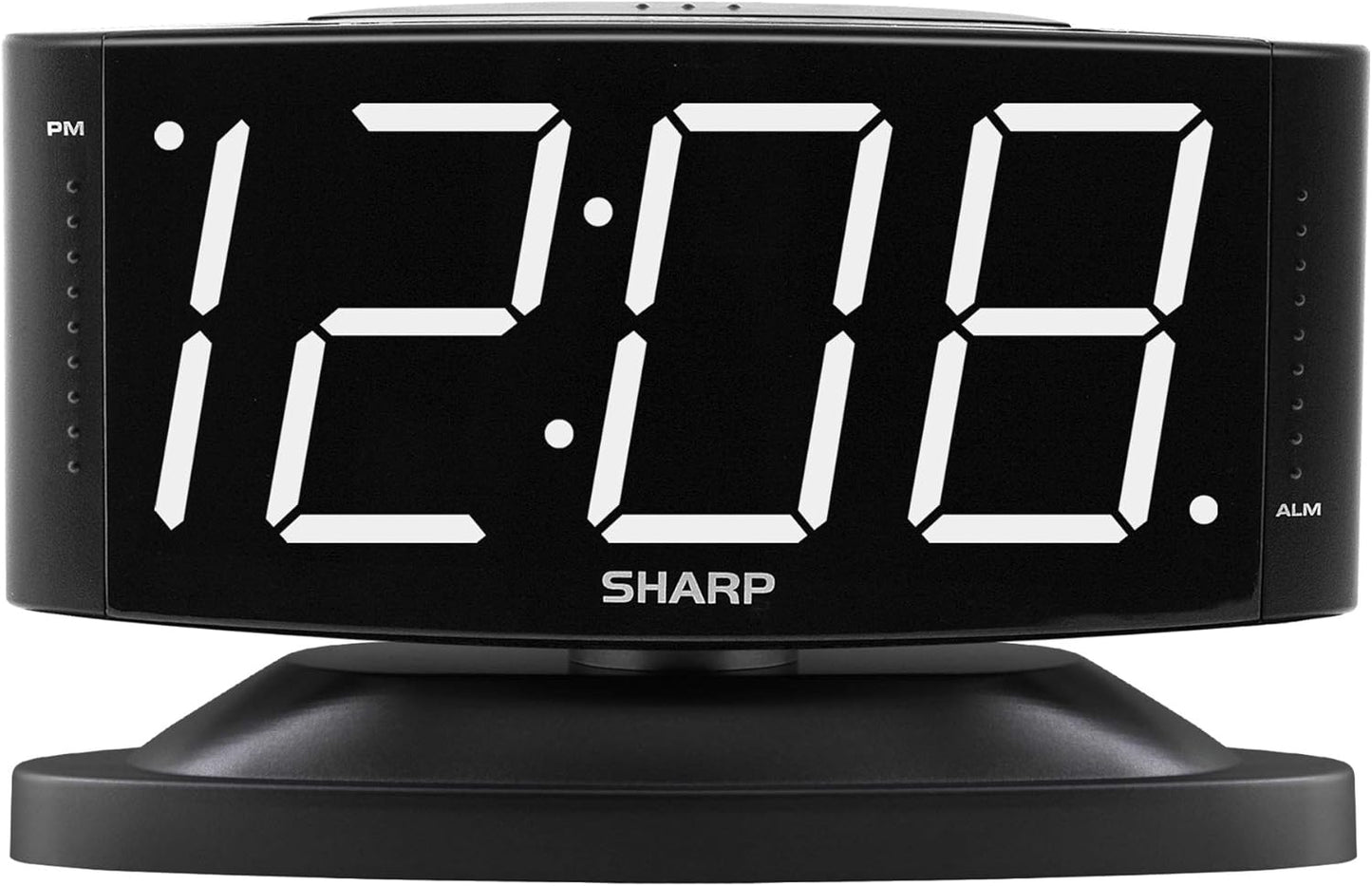 Sharp Home LED Digital Alarm Clock – Swivel Base - Outlet Powered, Simple Operation, Alarm, Snooze, Brightness Dimmer, Big White Digit Display, (Black-White LED)