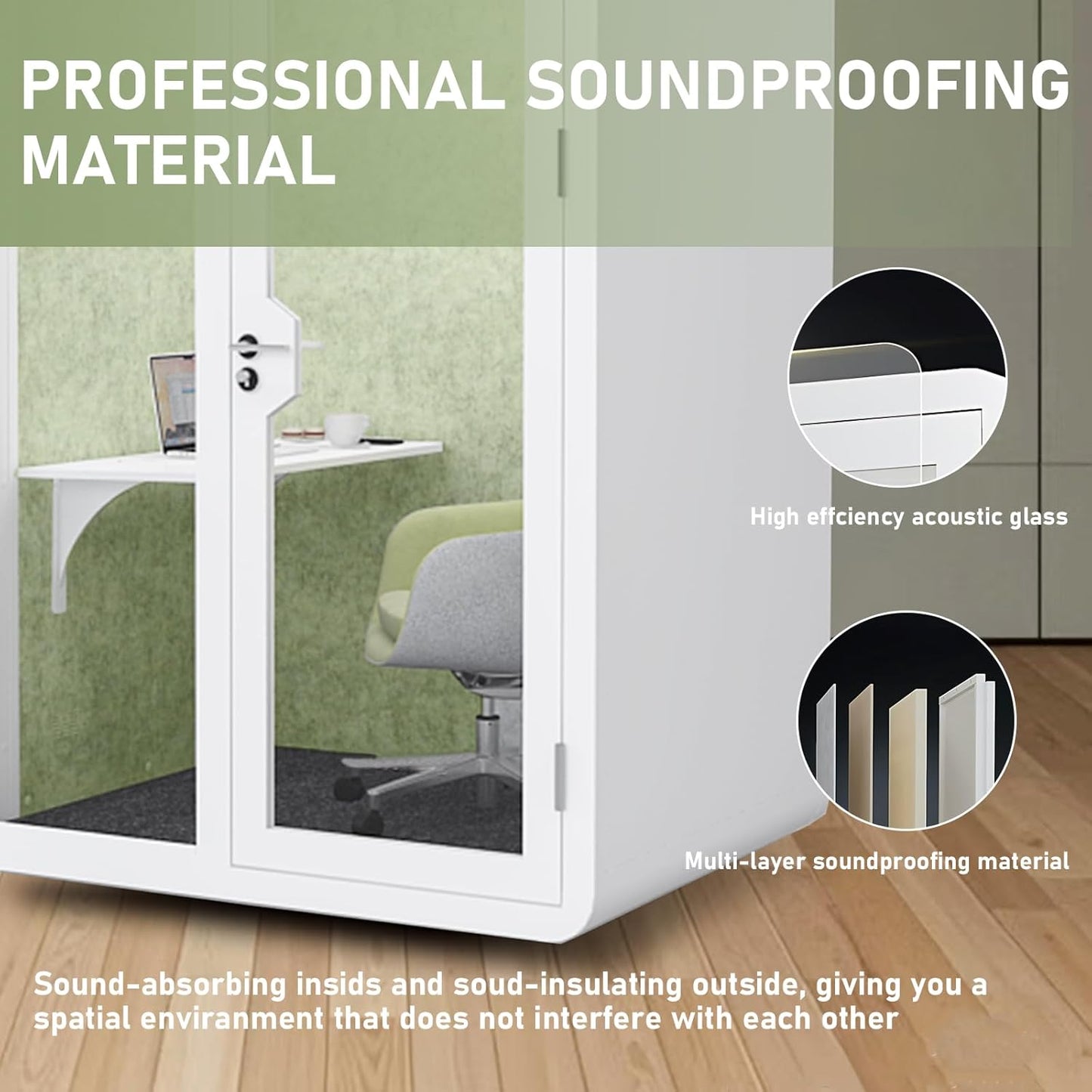 Office Sound Booth with Audio Privacy - Removable Soundproof Booth with Green with Arc Border Design,Soundproof Room with Light,Fans, Socket for Study,Live Broadcast Room (59IN)