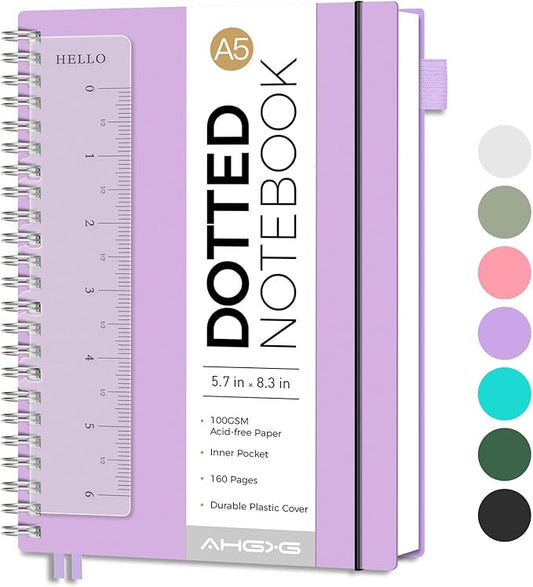 AHGXG Bullet Dotted Journal - Dot Grid Spiral Notebook A5, 160 Pages, 100 GSM Thick Paper, Waterproof Plastic Cover Journals for Bullet Journaling, Sketching, 5.7" x 8.3", Purple