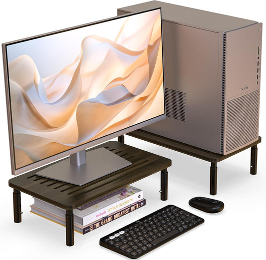 2 Pack Bamboo Monitor Stand Riser, 4 Adjustable Height, Laptop Stand with Airflow Vents, Desk Organizer for Computer, PC, Printer (Wenge)
