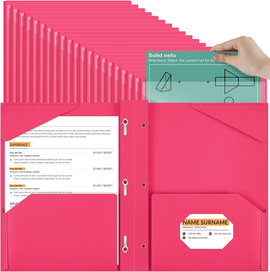 Henoyso 72 Pcs Plastic Folder with Clear Front Pocket and 3 Prong Plastic Folders with Card Slot Pocket Folders with Prongs for School Office (Rose Pink)