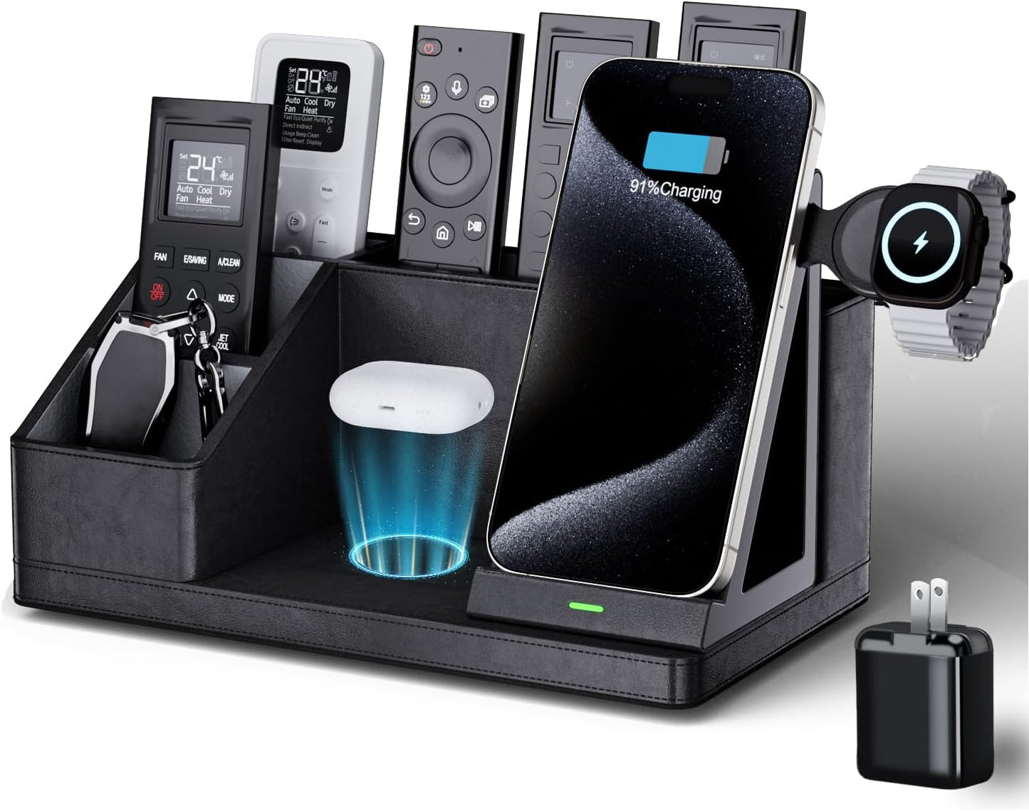 GORESE Leather Desk Organizer with Charging Station, 4 in 1 Nightstand Organizers for Remote Control Pen Holder, Desktop Accessories Workspace Organizers for Office Supplies