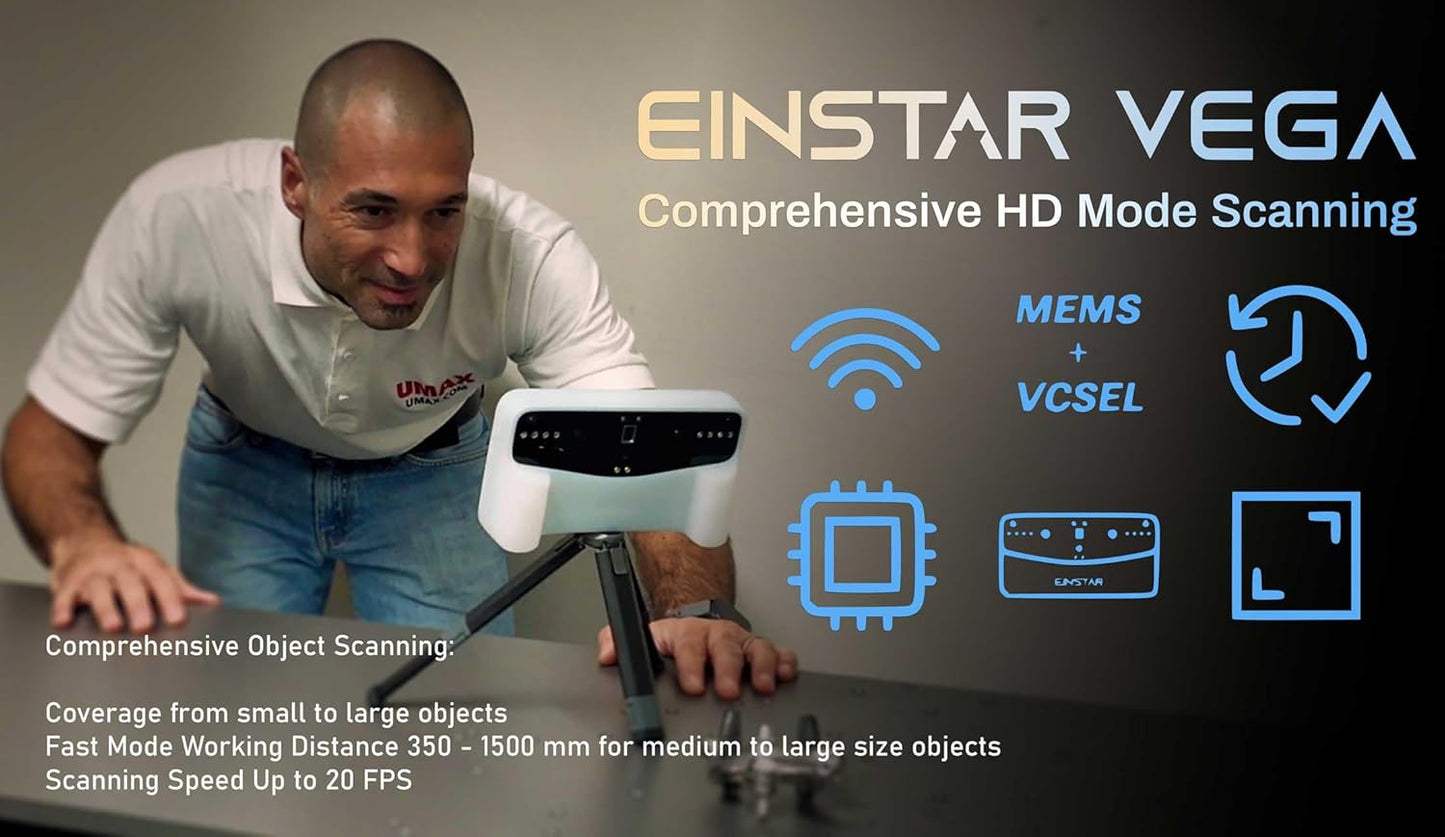 Einstar Vega 3D Scanner with Marker Helpers, Tripod, Wireless All-in-One Design, VCSEL/MEMS Projector Technology, Smooth 3D Scanning Small to Large Object, Powerful 8-core 2.4 GHZ CPU, 48MP RGB Camera