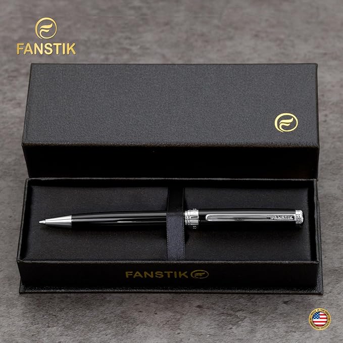 Customized Black & Silver Luxury ballpoint pen (Made In USA) fancy gift set for women, Real 24K Gold Plating, Professional executive pen gift set for men (Lux Custom-BallPoint Black-Silver)