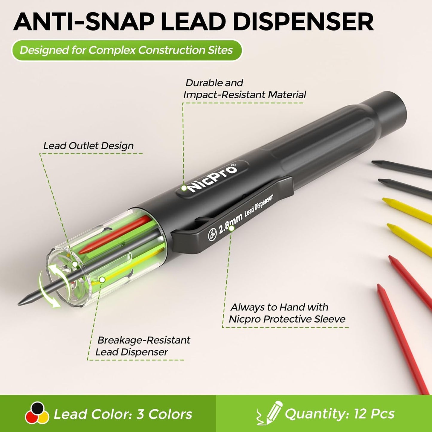 Nicpro 12 Pcs Carpenter Pencil 2.8mm Lead Refills, Replacement Lead Dispenser (including 4x Black, Red, Yellow), Break Resistant 2.8 mm Leads for Construction Pencils, Woodworking Pencils