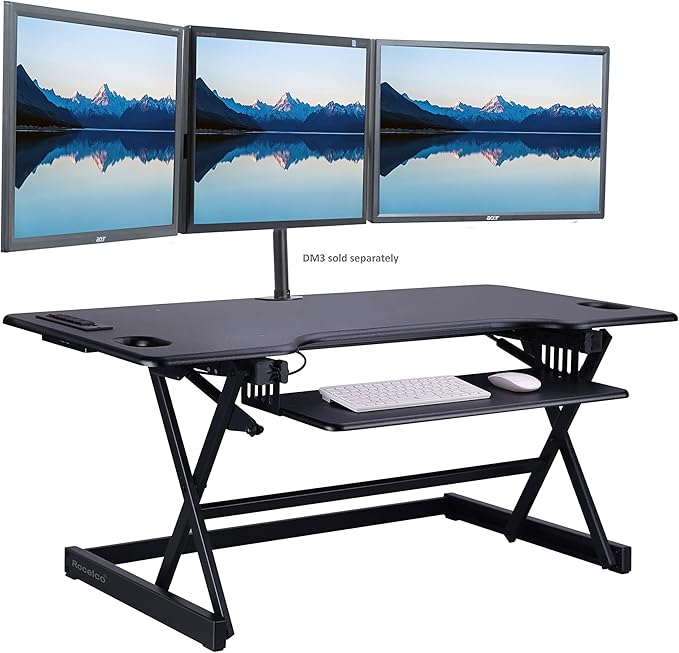 Rocelco 46" Height Adjustable Standing Desk Converter with AC USB Charger and Double Monitor Mount Arm - Sit Stand Up Triple Screen Riser Workstation - Keyboard Tray - Black (R DADRB-46-ACUSB-DM2)