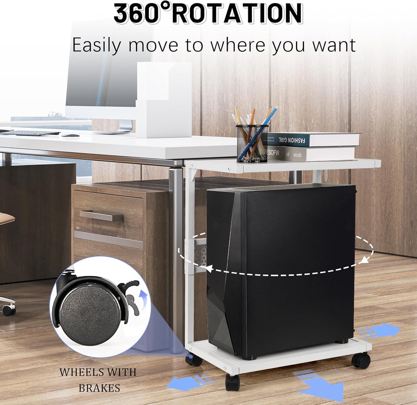 PC Stand Computer Tower Stand 2-Tier Metal CPU Holder with Locking Caster Wheels Suitable for Most PC (S,White)