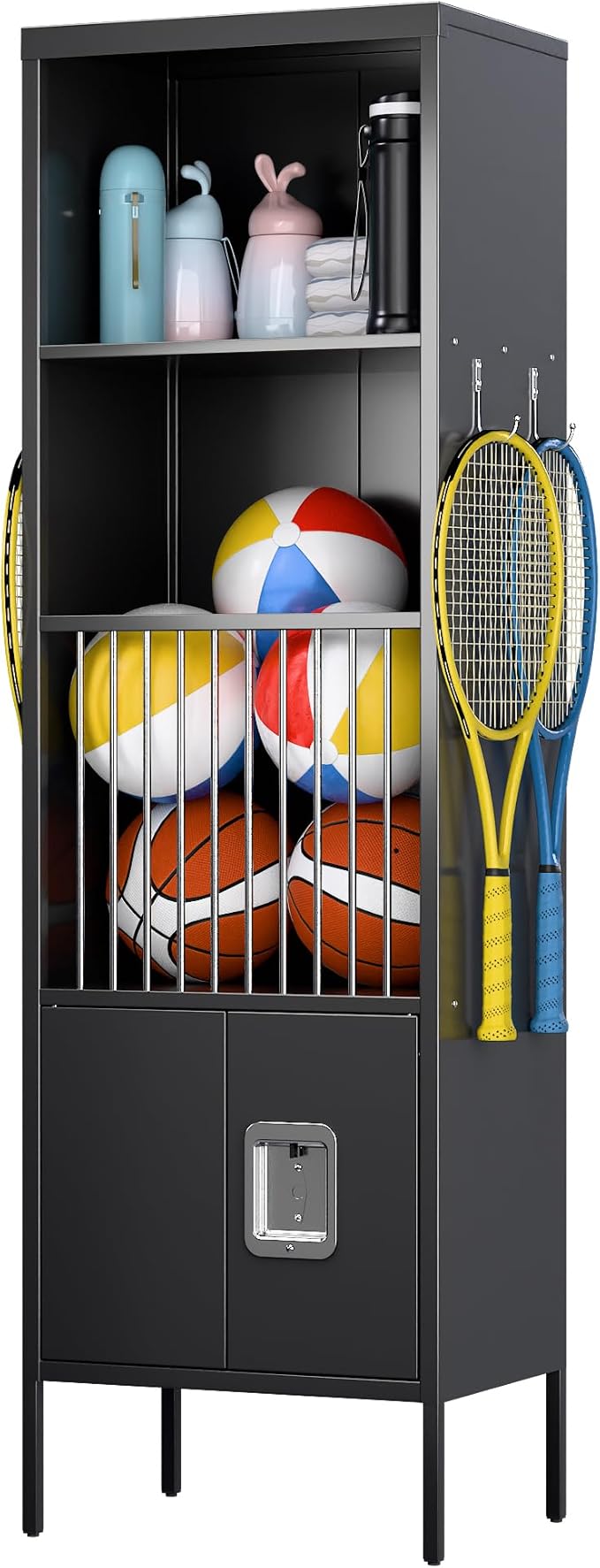 Aobabo 72" H Metal Storage Locker for Gym, for Stores Sports Gear Footballs, Rugby Balls and Tennis, Open Storage Locker with Hooks for School, Gym, Black, Assembly Required