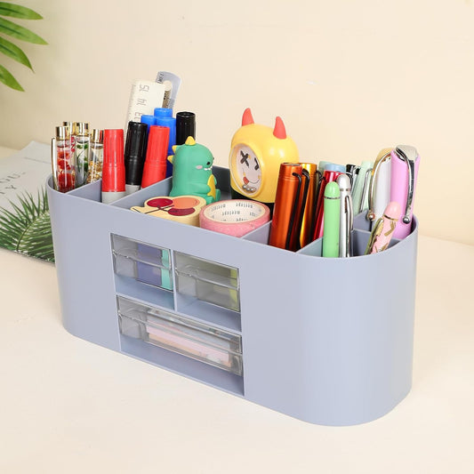 INSTOME Pencil Pen Holder for Desk with 3 Drawers - All-In-One Desk Organizer - Perfect Desk Accessories for Office Use - Stylish & Convenient Desk Organizers and Accessories (Blue)