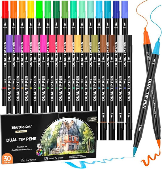 Shuttle Art Dual Tip Brush Marker Pens, 30 Colors Dual Tip Calligraphy Pens Fine and Brush Tip Markers Set, Water-based Ink Perfect for Kids Adult Artist Calligraphy Journal Doodling Writing
