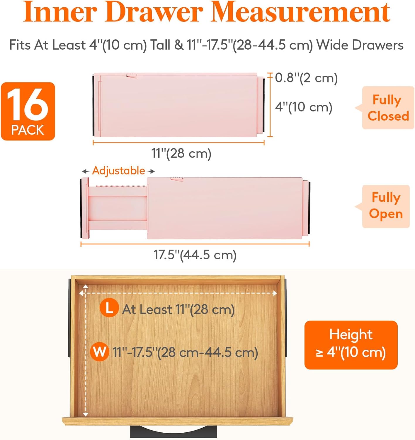 Lifewit 16 Pack Drawer Dividers 4" High, 11-17" Adjustable Drawer Organizers for Clothes, Expandable Dresser Separators in Bedroom/Bathroom/Kitchen/Fridge/Office Organization and Storage, Pink