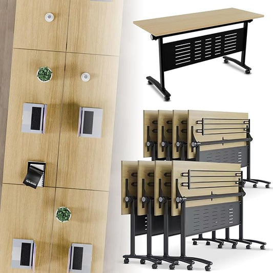 Folding Conference Room Table, Modern Conference Tables with Wheels, Large Rectangular Mobile Training Tables for Office Classroom, Foldable Modular Boardroom Seminar Table Maple (8pack L47.2in)