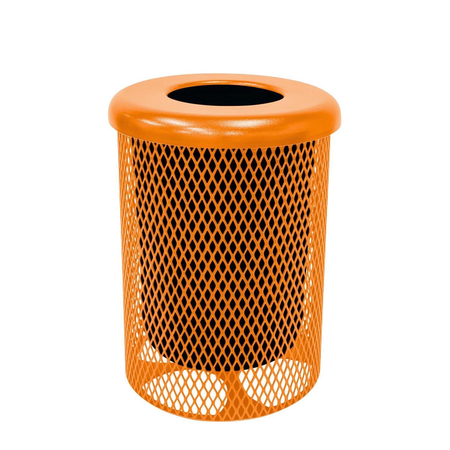 Coated Outdoor Furniture 32-Gallon Heavy-Duty Expanded Metal Round Trash Receptacle, Commercial Outdoor Waste Bin with Liner & Black Flate Top Lid – Made in America (Textured Orange)