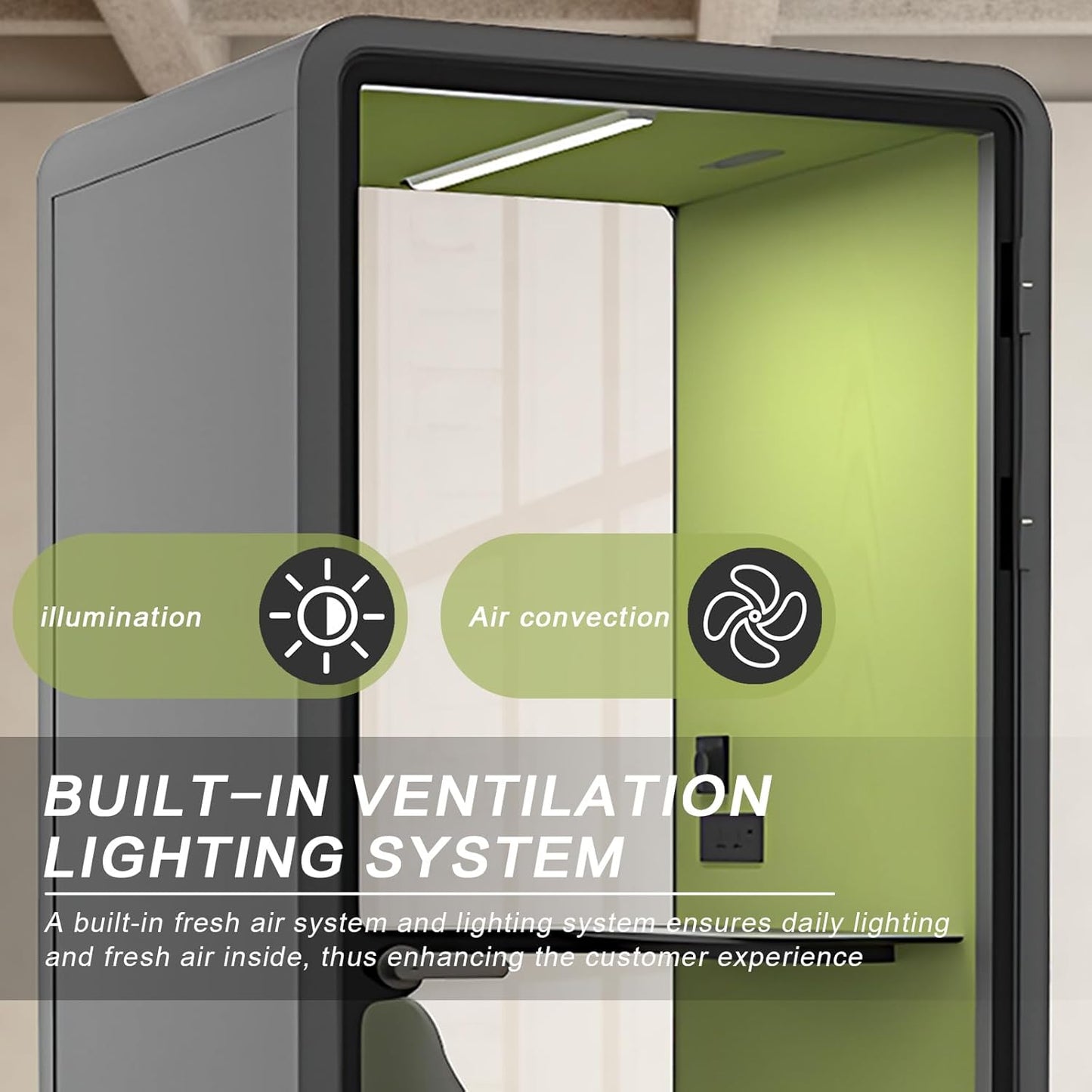 Office Sound Booth with Audio Privacy - Portable Soundproof Pod with Gray & Green Design,Phone Pod with Light,Ventilation,Socket for Phone,Singing,Work