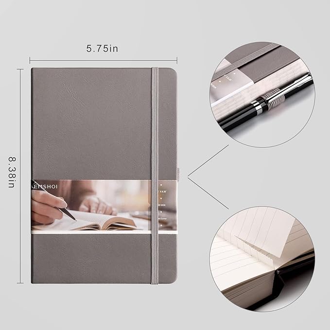 EMSHOI A5 Lined Journal Notebook - 120gsm Thick PU Leather Hardcover with Sticky Notes, 256 Numbered College Ruled Notebook for Work, School & Writing, 5.75" x 8.38" Dark Grey