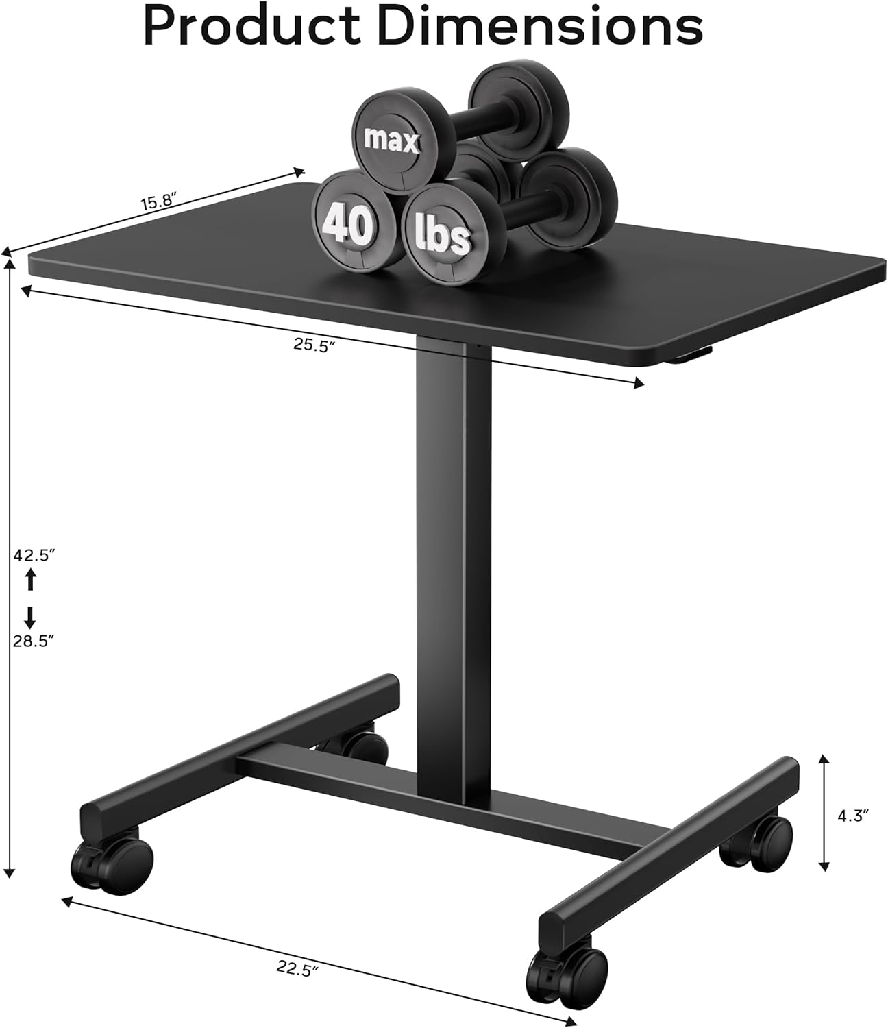 Mobile Small Standing Rolling Desk Adjustable Height, Portable Laptop Desk on Wheels, Workstation for Home Office with Hook, Black