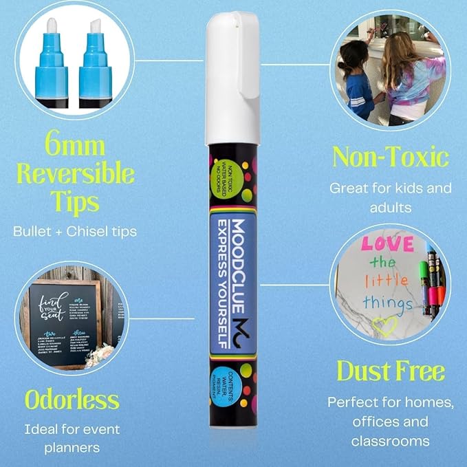 Liquid chalk markers washable, erasable, dry or wet erase. 6 neon markers for whiteboards, glass boards, mirrors, chalkboards, windows, car windshields, glass. Non-toxic, reverse tip pens