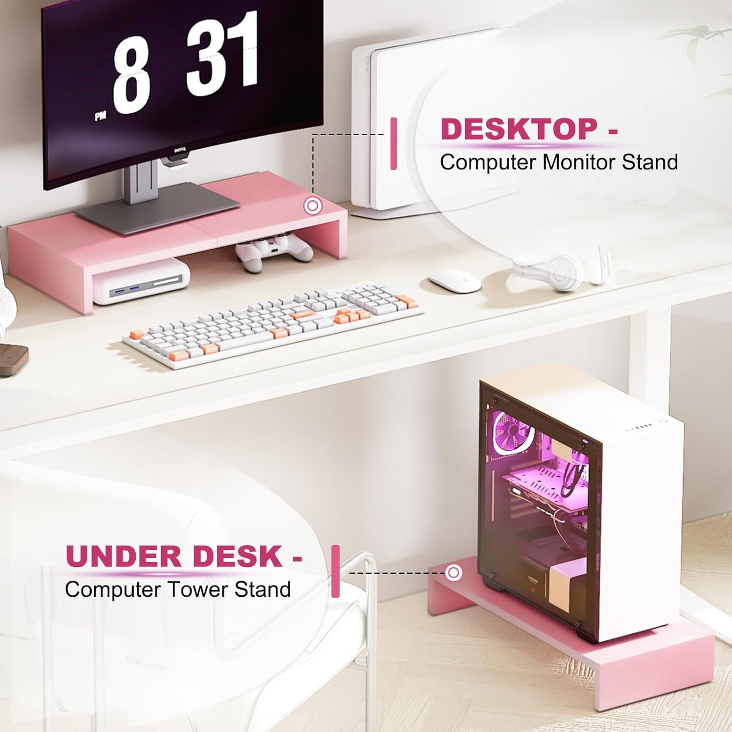 TEAMIX Pink Monitor Riser-20L inch, Wood Monitor Stand for Desk, Sturdy TV/Screen/PC/Printer/Laptop Riser,Computer Shelf with Storage TV Holder for Home Office (Pink, 20 inch)