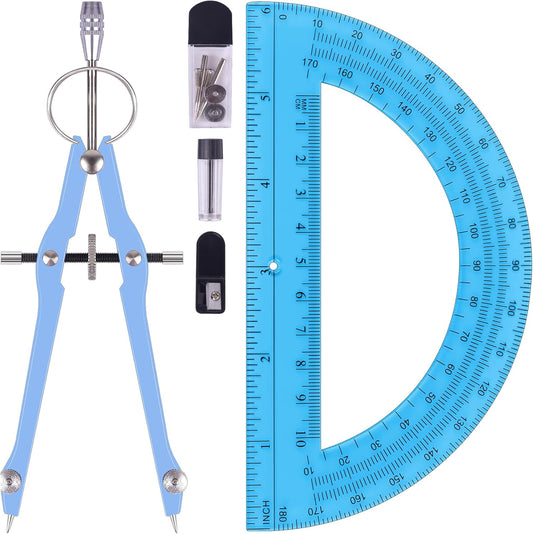 Compass and Protractor Set, Professional Drawing Compass Tool, Metal Compass with Extra Refills, Compass for Geometry and 6 Inch Math Protractors 180 Degree (Blue)