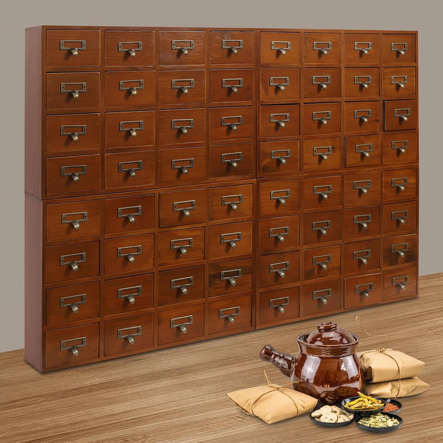 Vintage Drawer Wooden Desk Organizer, 16-Drawer Gift Storage Case Organizer Stand, Iron Label Holders, Brown, For Store Cosmetics, Files, Books, Letters, Papers, Magazines (64-Drawer/Brown)