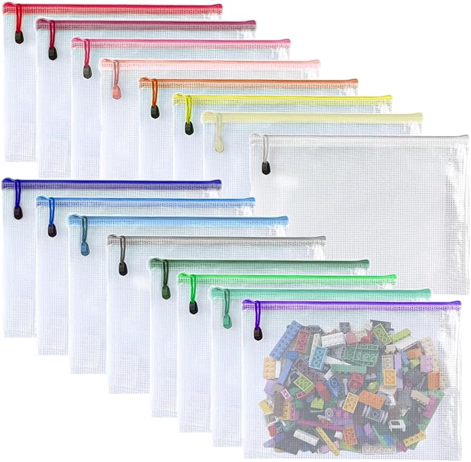 Oaimyy-16Pcs, 7" x 11" inches Mesh Zipper Pouch, Plastic Zip File Folders Puzzle Bags for Organizing,for Office Supplies,Travel,Home Storage-Multicolor