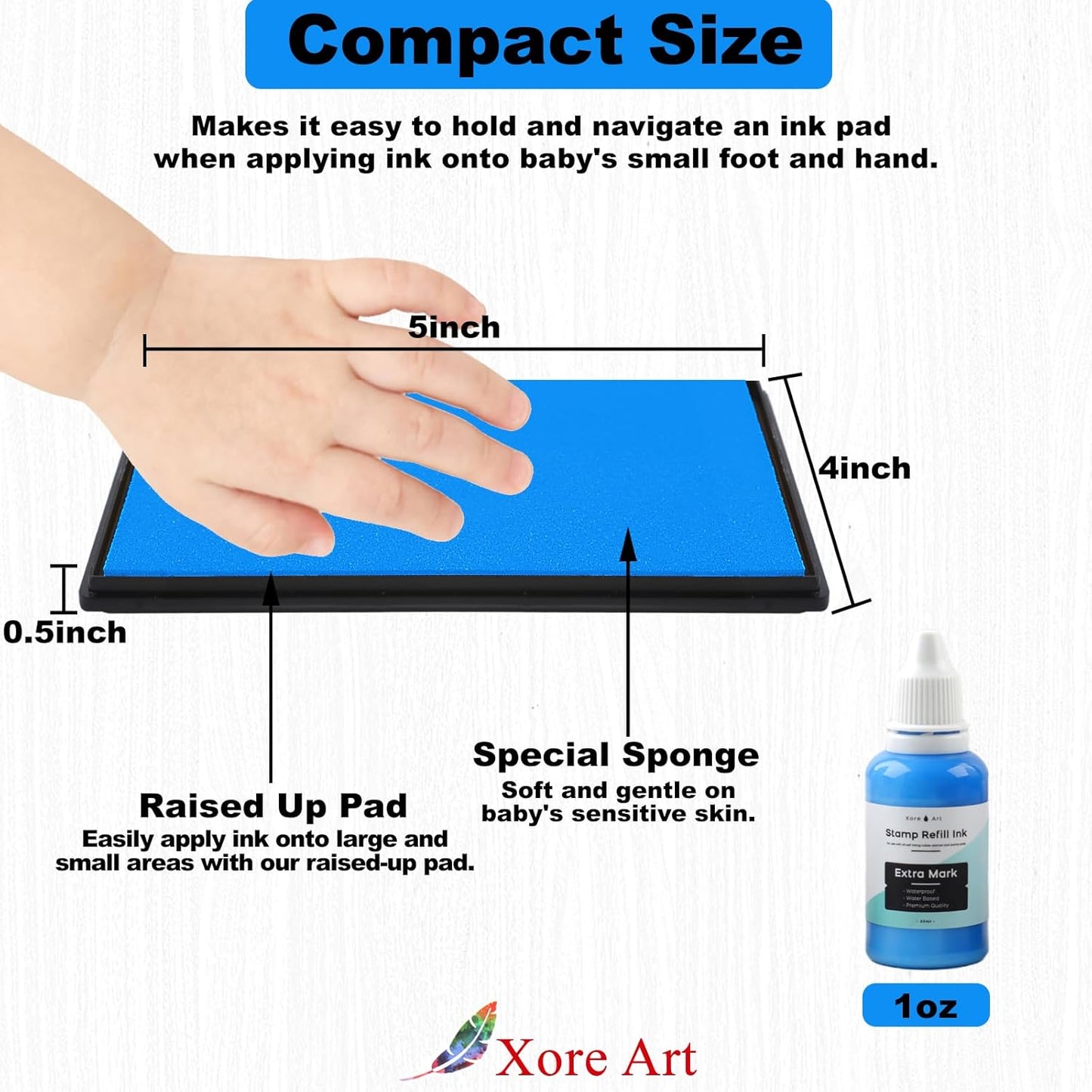 5"x4'' Large Ink Pad Washable Stamp Ink Pad for Baby Footprint Handprint with 30ml Premium Refill Ink (Sky Blue)
