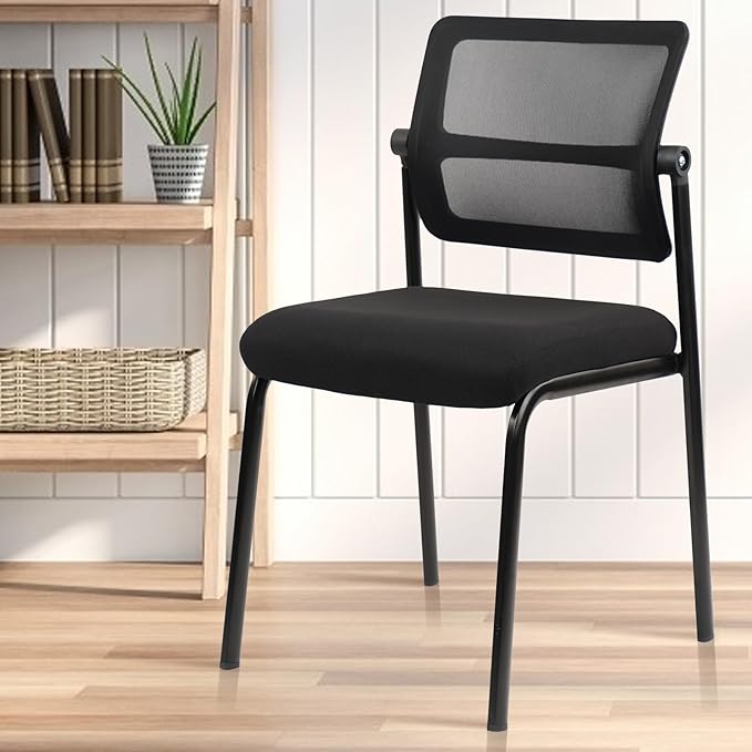 CLATINA Stacking Armless Office Waiting Room Chair with Adjustable Backrest, Stackable Mesh Guest Reception Desk Chairs with Ergonomic Lumbar Support for Conference Lobby Side School, Black, 2 Pack