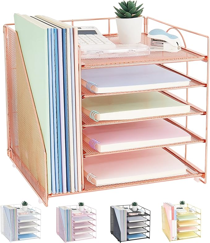 Desk Organizers and Accessories, 5-Tier Paper Letter Tray Organizer with File Holder, Desktop Organizer for Office Supplies, Office Desk Accessories & Workspace (Rose Gold)