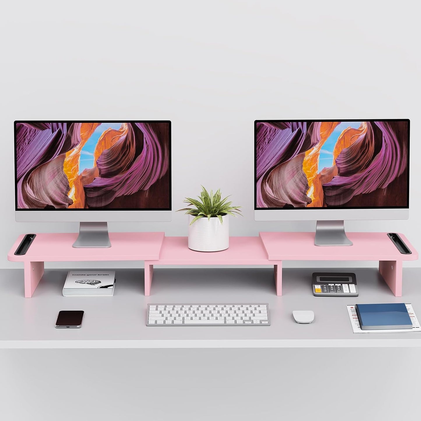 Zimilar Dual Monitor Stand Riser, Monitor Stand with Adjustable Length and Angle, Wood Monitor Stand for Desk, Monitor Riser for 2 Monitors with Storage Space