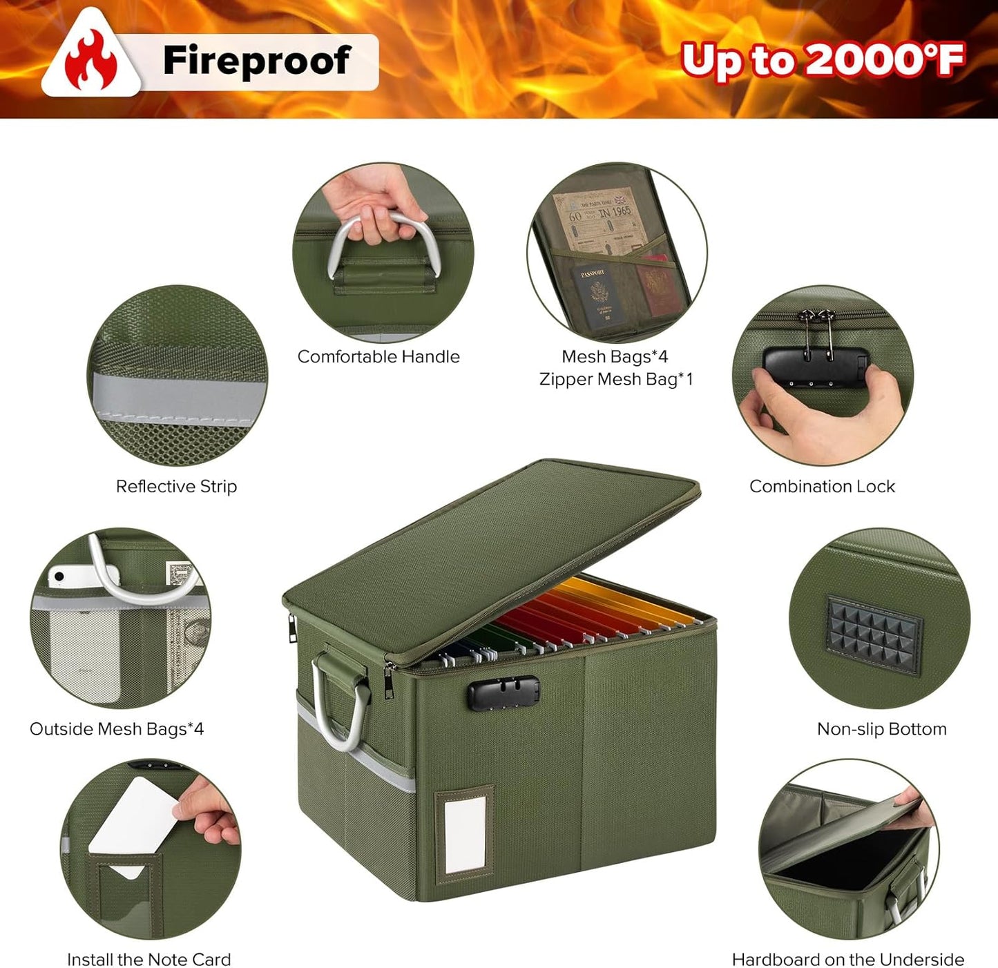 TOMKID Fireproof Document Box, Fire Proof Safe Box for Home Document Organizer with Lock, Fire Organizer Office Storage Cabinet for Hanging Letter/Legal Folder 16.1 x 12.9 x 11in (Green)