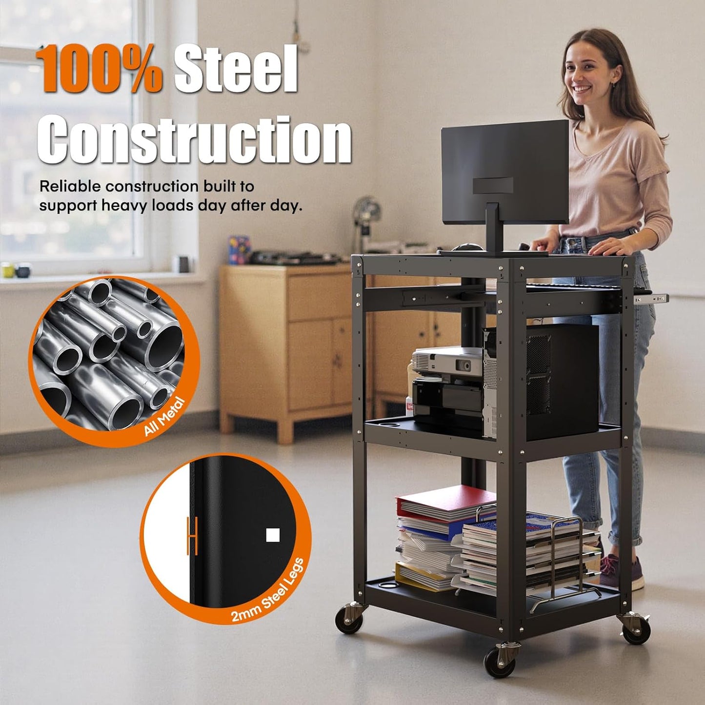 AV Presentation Cart Stand for Video Projector,TV,Laptop Computers,Printers,Metal Construction Rolling Cart with Adjustable Shelves,4 Wheels,4 Outlets, 5.75ft Cord,Support 300 lbs,Black