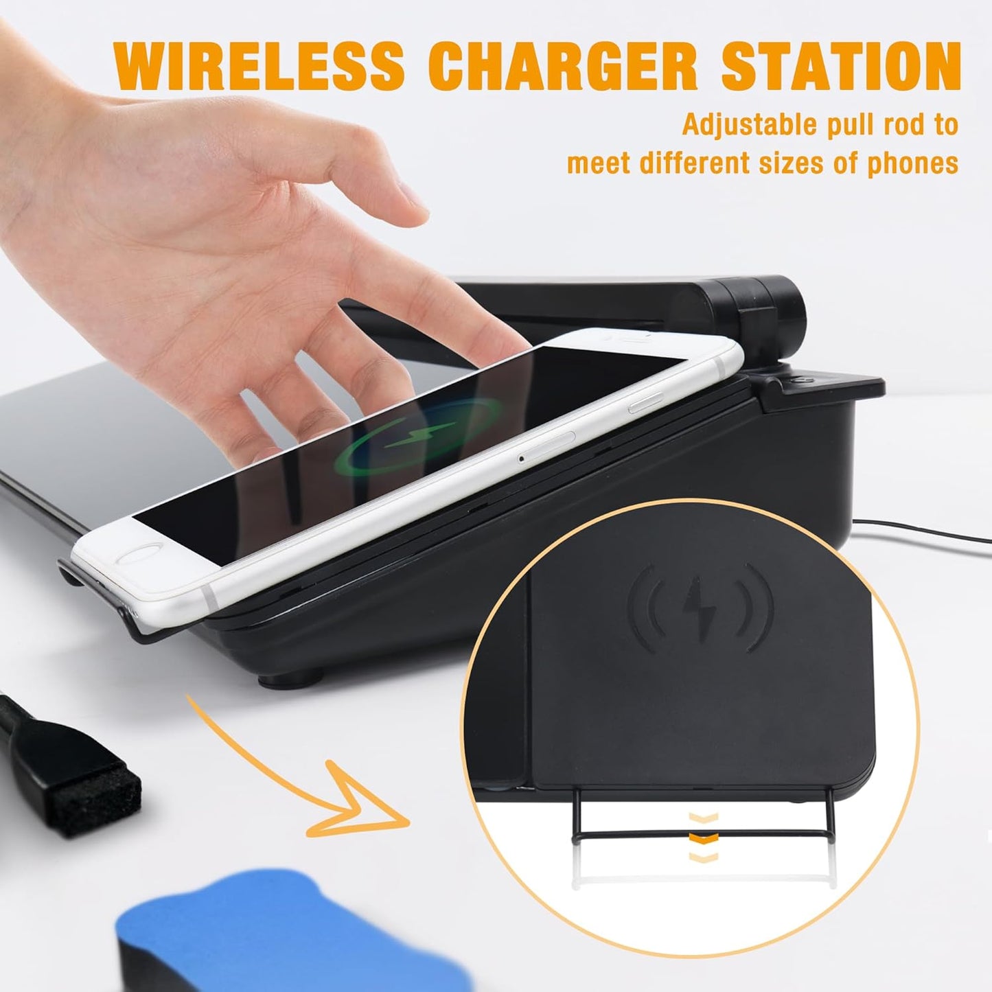 SELEAD Desktop Glass Whiteboard with Wireless Charger Station and Desk Lamp, Tabletop Dry Erase Board w/Organizer, Markers, Mirror, Holder for Home School Office Desk Accessories, Black