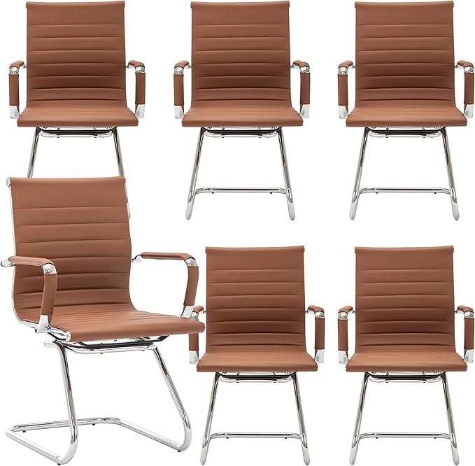 Office Desk Chair Set of 6,No Wheels PU Leather Computer Chairs Mid Back Guest Chairs with Seld Base for School/Reception/Conference/Waiting Room,Cafe