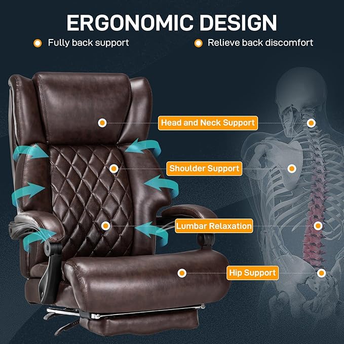 500 LBS Big and Tall Office Chair with Foot Rest High Back Recline Ergonomic Chair for Heavy People, Executive Office Chair Comfortable for Home Office, Large Computer Desk Chair Brown