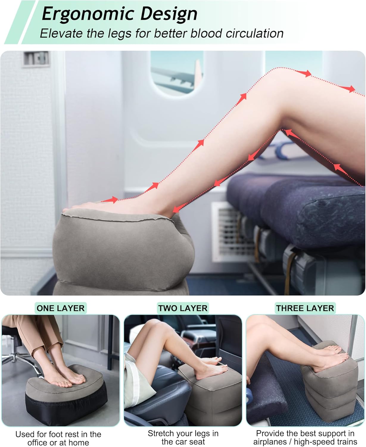 JefDiee Inflatable Travel Foot Rest Pillow,Kids Airplane Bed,Adjustable 3 Layers Height Leg Rest Pillow,Adults Travel Essentials Great for Airplane,Office,Home,Trains,Cars