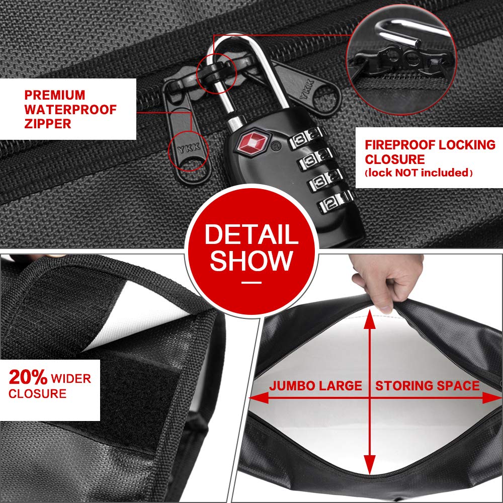 ROLOWAY Large (17 x 12 x 5.8 inches) Fireproof Bag, Water Resistant Fireproof Document Bag Safe for Money, Documents and Valuables Storage