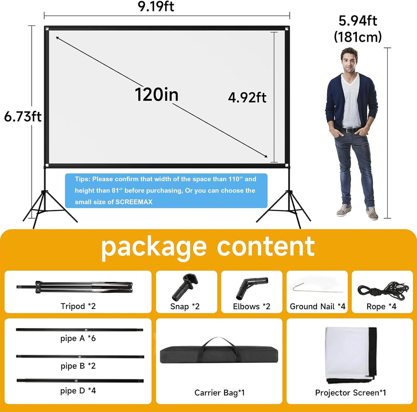 Outdoor Projector Screen with Stand, SCREENMAX 120 inch Foldable Projector Screens with Portable Carry Bag, 16:9 4k HD Rear Front Wrinkle-Free Projection Screen for Movie Night and Indoor Home Theater