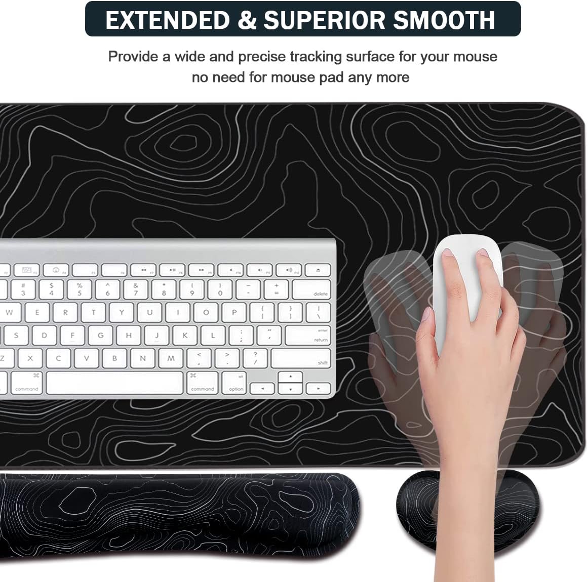 Topographic Mouse Pad Set, Extended Mouse Pad+Keyboard Wrist Rest, Memory Foam Ergonomic Easy Typing, 4Pcs (35.4×15.7 in) Desk Pad Set for Home Office Study Game-Topographic Contour