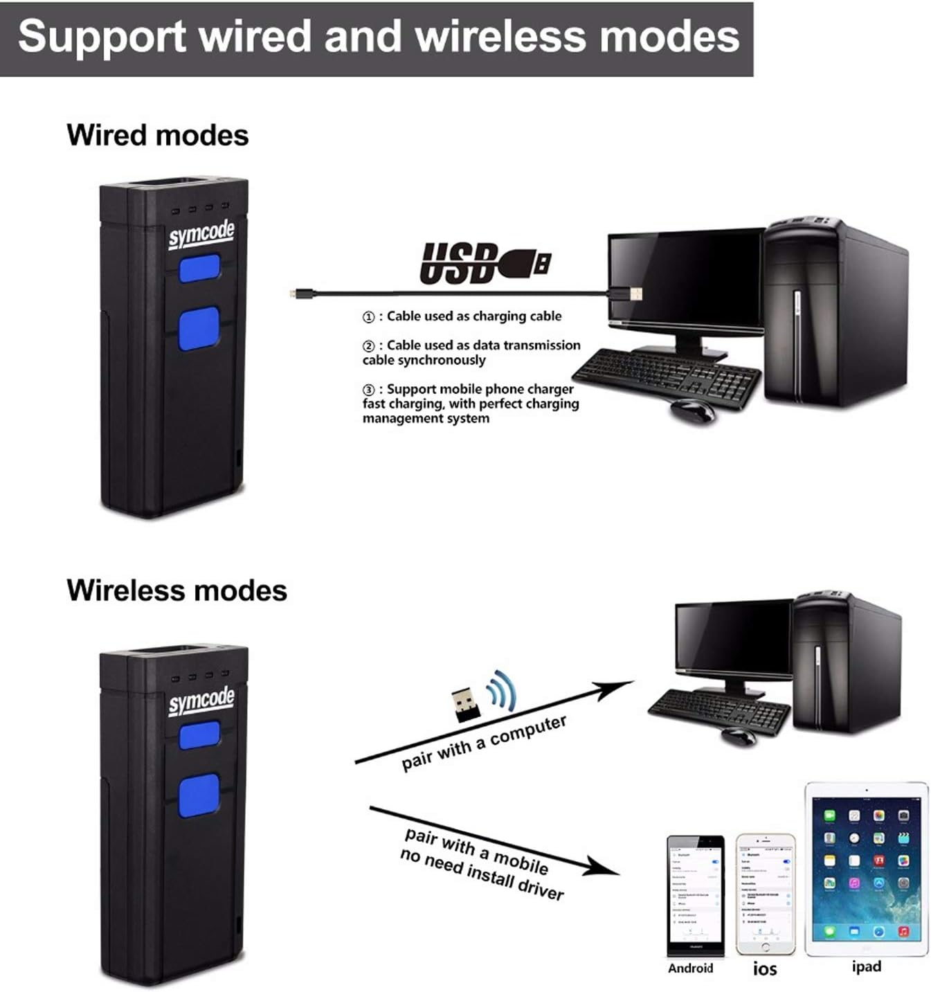 Symcode 2D QR Bluetooth Barcode Scanner, 1D 2D Mini Wireless Handheld CMOS Barcode Scanner Reader with Bluetooth 4.0 & 2.4G Wireless Connection, Portable Barcode Reader Compatible for QR PDF417 Dat