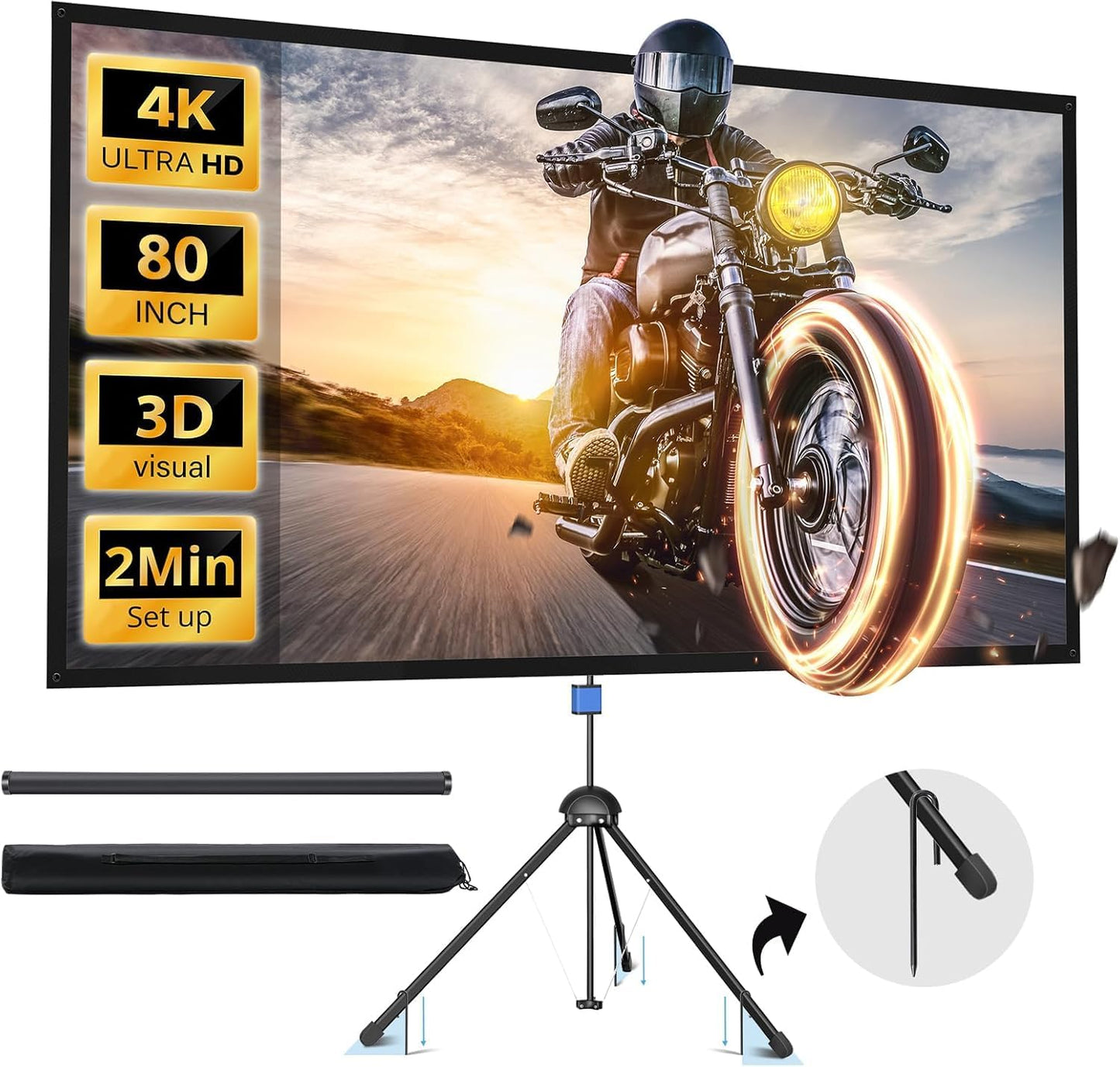 Projector Screen with Stand, PARIS RHÔNE 80-inch Outdoor Indoor Projector Screen 16:9 4K HD PVC, 1.5 Gain Portable Wrinkle-Free Movie Screen for Home Backyard Theater with Carry Bag, Ground Nails