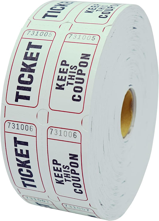 DNB 1000 Raffle Tickets - Double Roll 1000 Pairs per Roll 2 x 2 Inch 50/50 Consecutively Numbered Tickets for Entry/Events/Fundraiser/Prizes - White