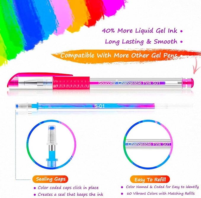 Soucolor Markers for Adult Coloring Books, Coloring Markers for Teacher Appreciation Gift School Office Supplies, 120-Piece Art Set: 60 Gel Pens + 60 Refills with Travel Case for Kids Card Making