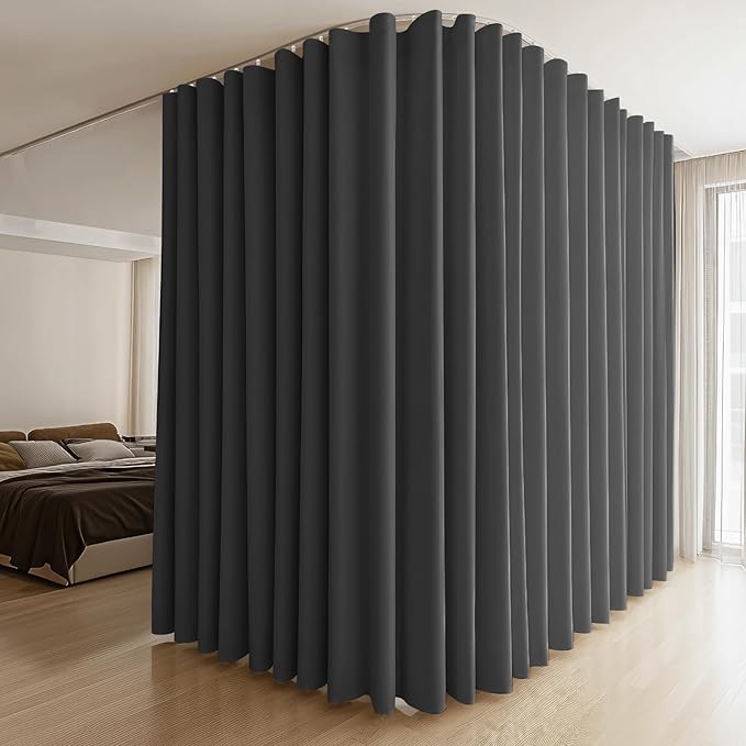 Room Divider Curtains & Flexible Bendable Tracks Set,Privacy Dividers Ceiling Track Curtain Window Blackout Curtains for Living Room Bedroom (W150 × H84 in 1 Panel Black Drape & White Rail)