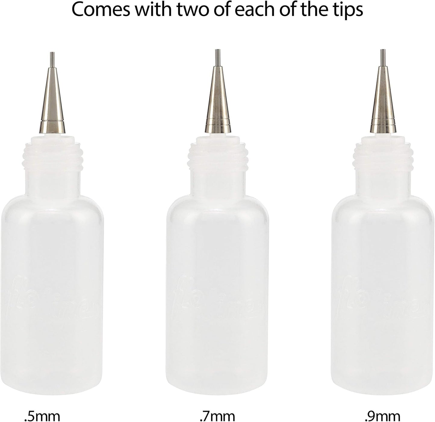 Flo Line Precision Tip Applicator Bottle - Fine Tip Squeeze Bottles for Fluid Media, Inks, Acrylics, Watercolor, Quilling, Paint Bottles with Tip Pack of 6 - 0.5oz bottles w/ 0.5, 0.7, 0.9 Metal Tips