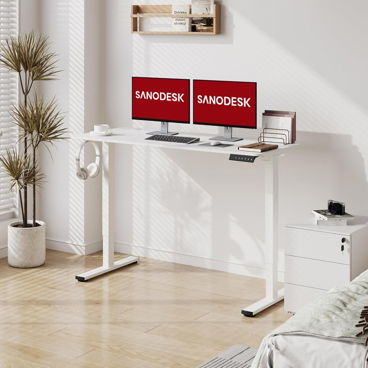 SANODESK Electric Standing Desk 63x24 Inch Height Adjustable Stand Up Desk Home Office Computer Workstation Sit Stand Home Office Desk with Splice Board (White Frame + White Top)