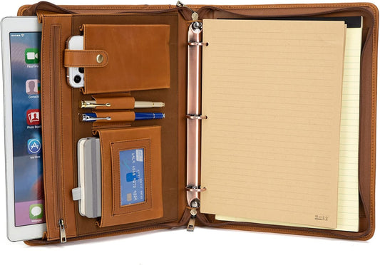 Professional Leather Business Padfolio Portfolio Case, 3 Ring Binder,Zippered Business Document Organizer Folder Tablet Pad Folio,with Letter Size Notepad (Brown Standard)
