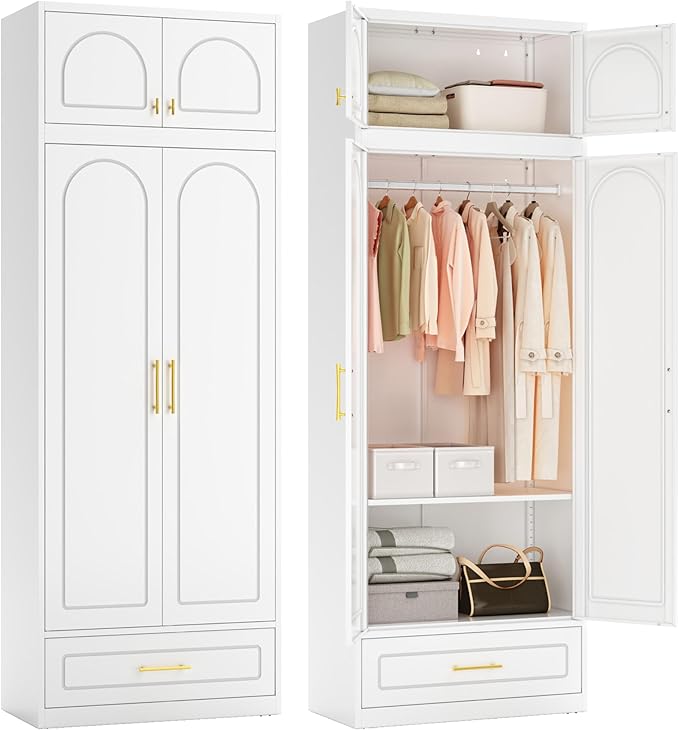 Metal Armoire Wardrobe Closet with Drawer, Freestanding Wardrobe Cabinet with Hanging Rod, Large Clothing Storage Cabinet with Doors for Bedroom, 18" D x 32" W x 86" H, White, Assemble Required
