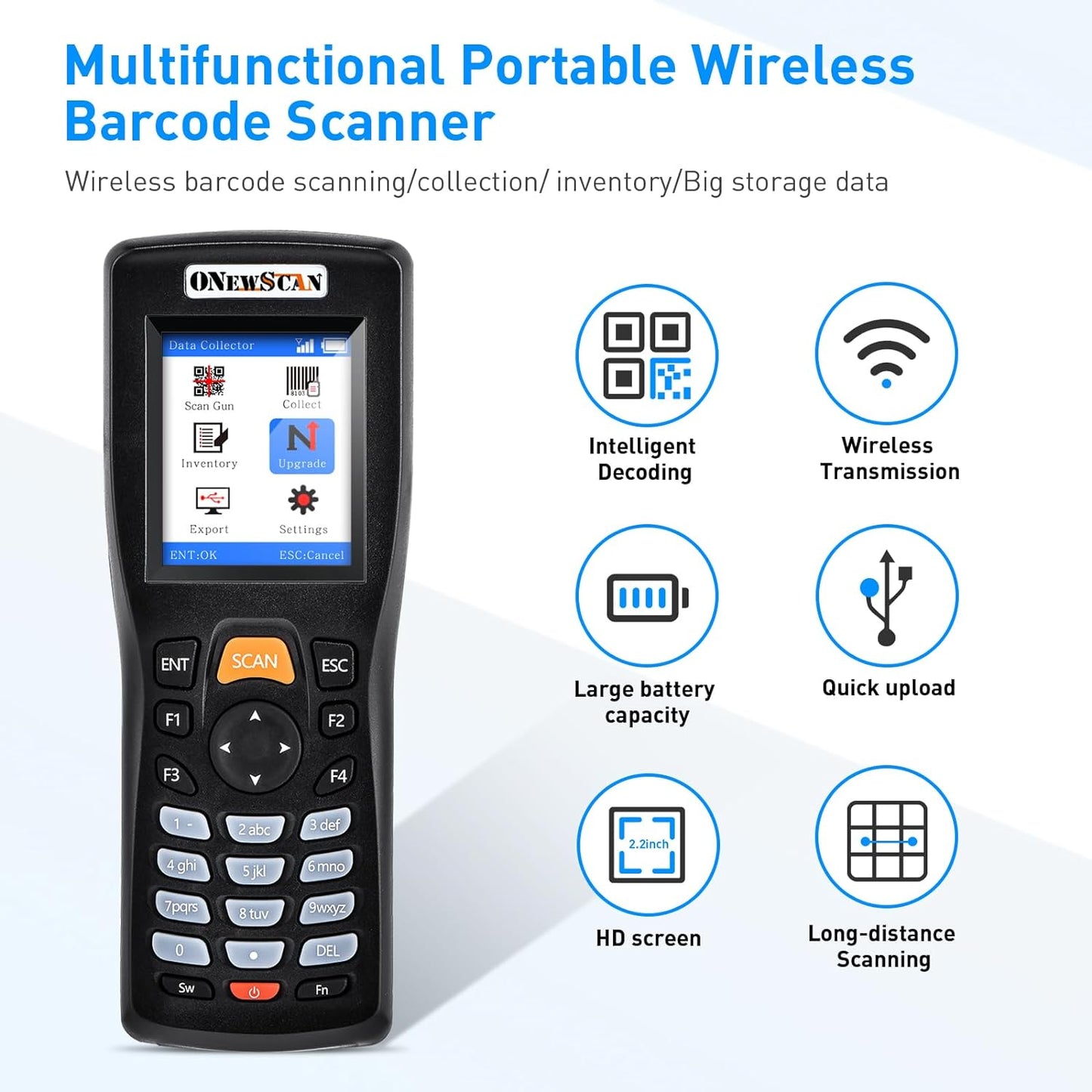 Inventory Scanner, Wireless Barcode Scanner 1D&2D&PDF417 Portable Handheld QR Barcode Reader for Collector Data Terminal Inventory Device with 2.2 Inch TFT Color Screen