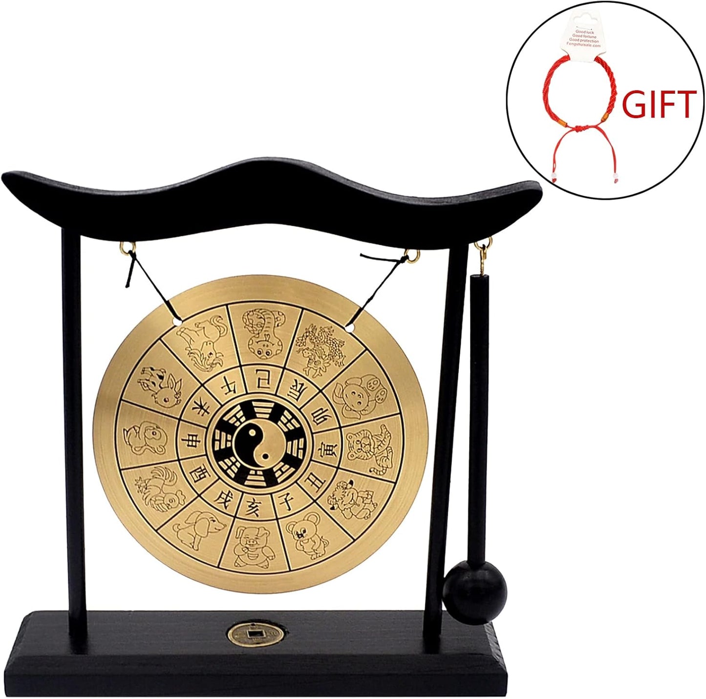 Feng Shui Brass Gong Desktop Zen Art for Fortune + Free Red String Bracelet H1304
